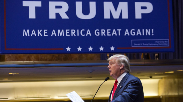 Donald Trump, president and chief executive of Trump Organization Inc., speaks while announcing he will seek the 2016 Republican presidential nomination at Trump Tower in New York, U.S., on Tuesday, June 16, 2015. Billionaire television personality and business executive Donald Trump formally began his Republican presidential campaign today in Manhattan, saying that the United States has become "a dumping ground for other people's problems." Photographer: Victor J. Blue/Bloomberg *** Local Caption *** Donald Trump